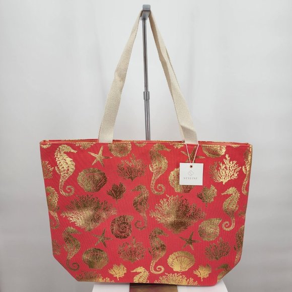 Pink Canvas Sea Life Nautical Print Tote Bag Purse Satchel NWT - Picture 2 of 4